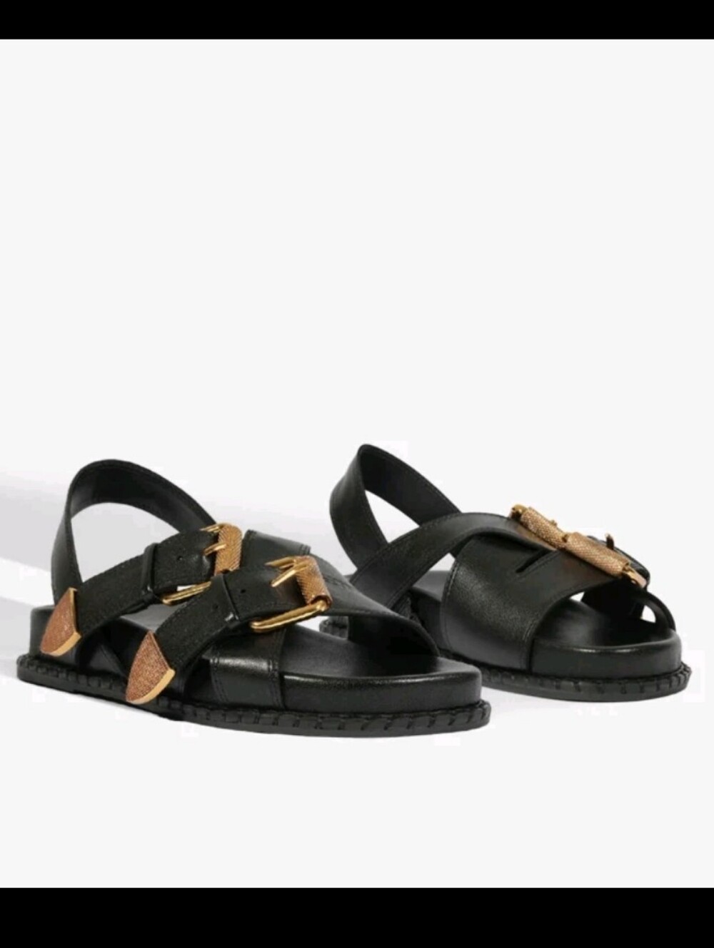 SCHUTZ Black Leather Sandals with Gold Buckles